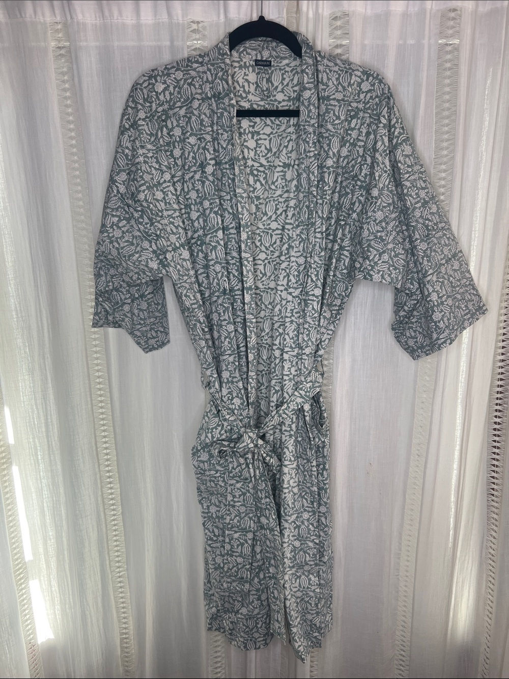 Women's Light Sage Floral Kimono Robe with Tie Belt